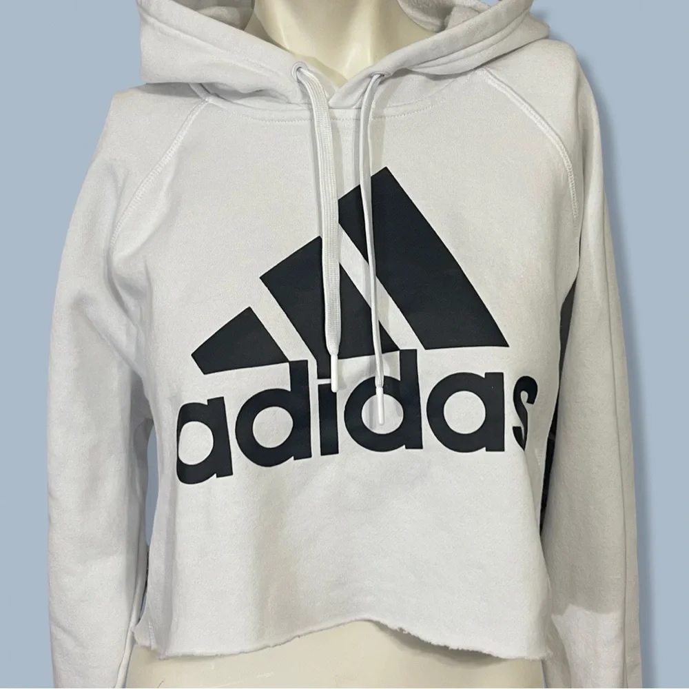 Adidas white cropped hoodie with black graphic logo M - Picture 3 of 5